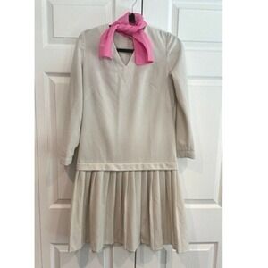Vintage Carol Craig Pleated Beige Dress Long Sleeve Knee Length Flapper Style